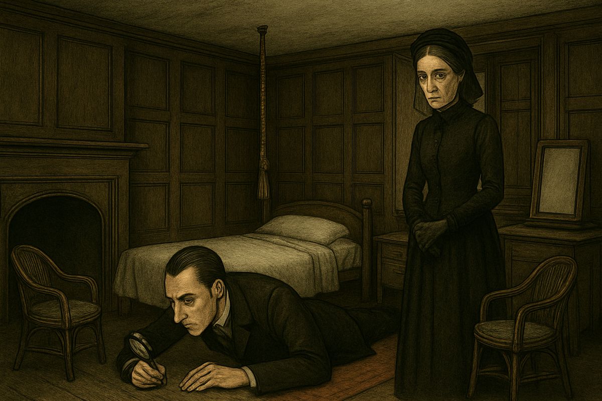 Holmes threw himself down with his lens and crawled quickly back and forth, examining the cracks between the floorboards, then the panelling, and at last the wall above the bed.