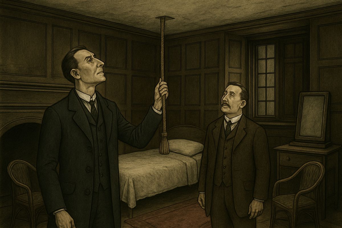He gave the bell-rope a brisk tug. “Why, it's a dummy!” It was attached to no wire, only to a hook beside a small ventilator. The ventilator, oddly, opened not to the outside air but into the next room.