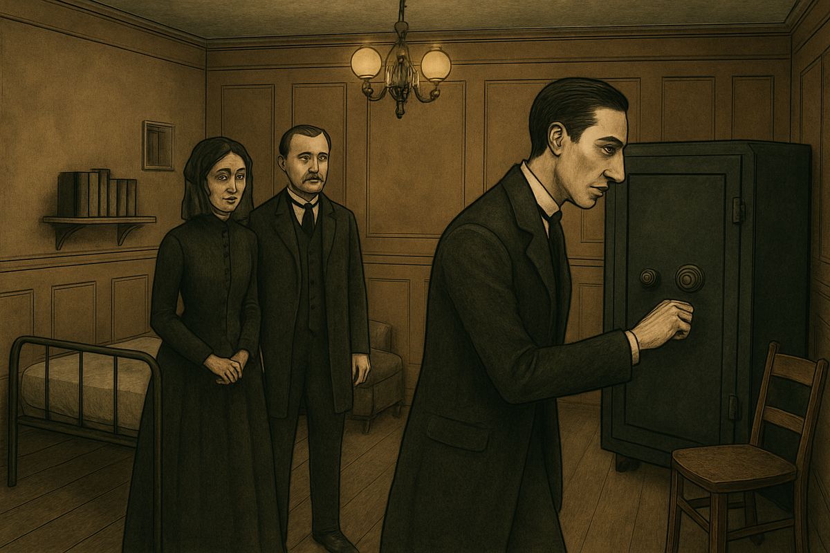 Roylott's own room was plainly furnished: a camp-bed, a shelf of technical books, an armchair, a wooden chair, a round table and a large iron safe. Holmes examined each one with the keenest interest.