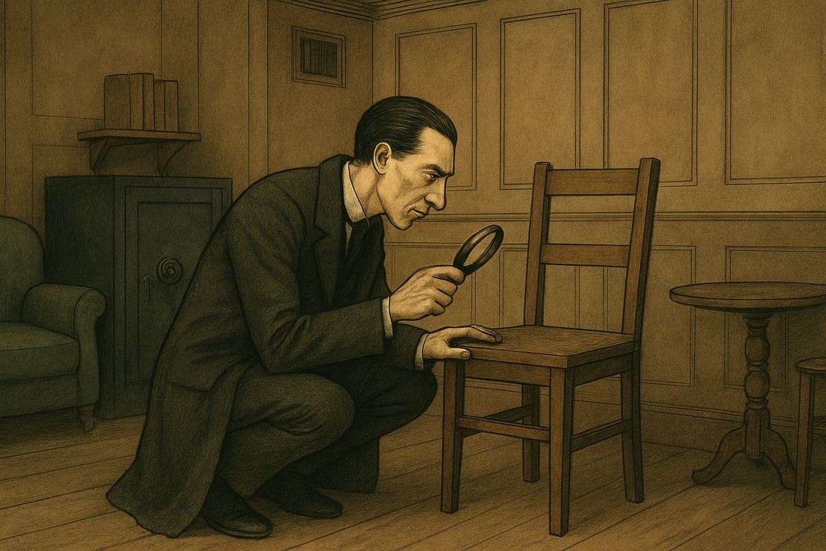 Holmes squatted before the wooden chair and studied its seat very closely through his lens. “Thank you,” he said, rising. “That is quite settled.”