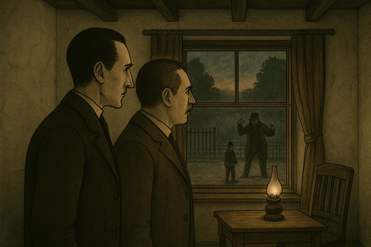 From an upper room at the Crown Inn they watched the manor gate. At dusk Roylott drove past, roaring and shaking his fists at the boy struggling with the heavy iron gates. Soon a lamp was lit among the trees.