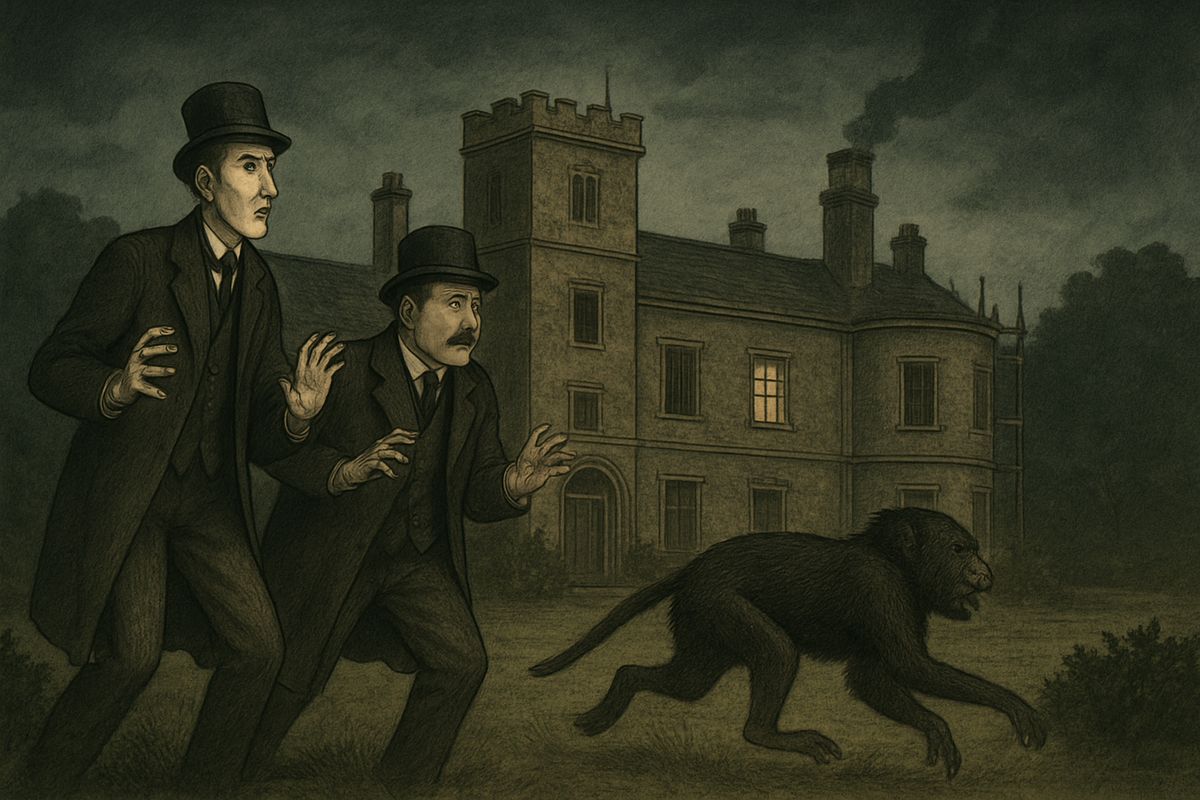 As they crossed the lawn, a hideous, twisted figure like a child darted out of the laurel bushes, threw itself writhing on the grass, and raced away into the darkness.