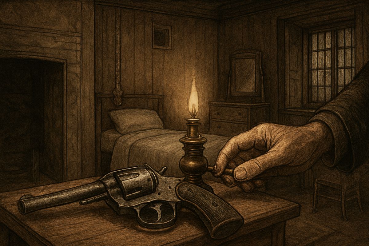 “Do not go to sleep; your very life may depend upon it.” Watson laid his revolver on the corner of the table. Holmes placed a long thin cane on the bed beside him, with matches and a candle stump, then turned down the lamp.