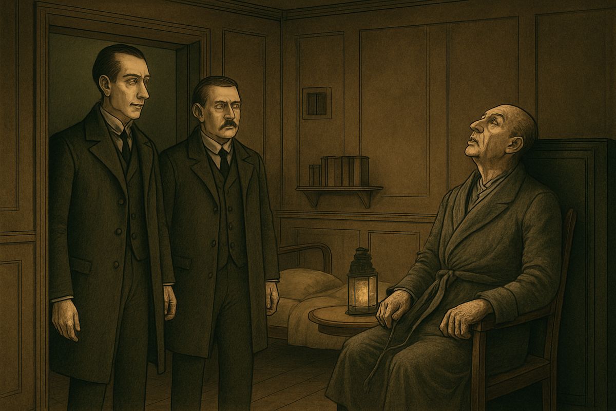 They saw a strange sight. A half-open dark-lantern threw its beam on the iron safe, whose door stood ajar. In the wooden chair sat Roylott in a grey dressing-gown, the dog-lash across his lap, his eyes fixed in a rigid stare at the ceiling.