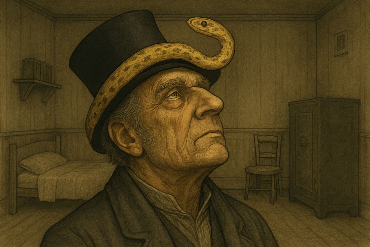 A strange yellow band with brownish speckles was bound around his brow. “The band! The speckled band!” whispered Holmes. As Watson stepped forward, the band moved, and the squat, diamond-shaped head of a snake rose from Roylott's hair.
