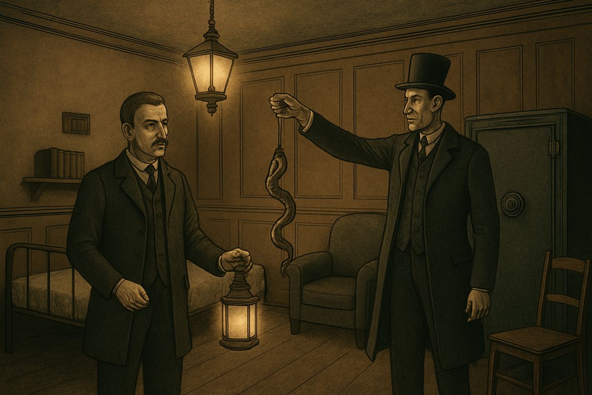 “It is a swamp adder, the deadliest snake in India!” cried Holmes. “The schemer falls into the pit which he digs for another.” He slipped the looped dog-whip around the snake's neck, carried it at arm's length and shut it in the iron safe.