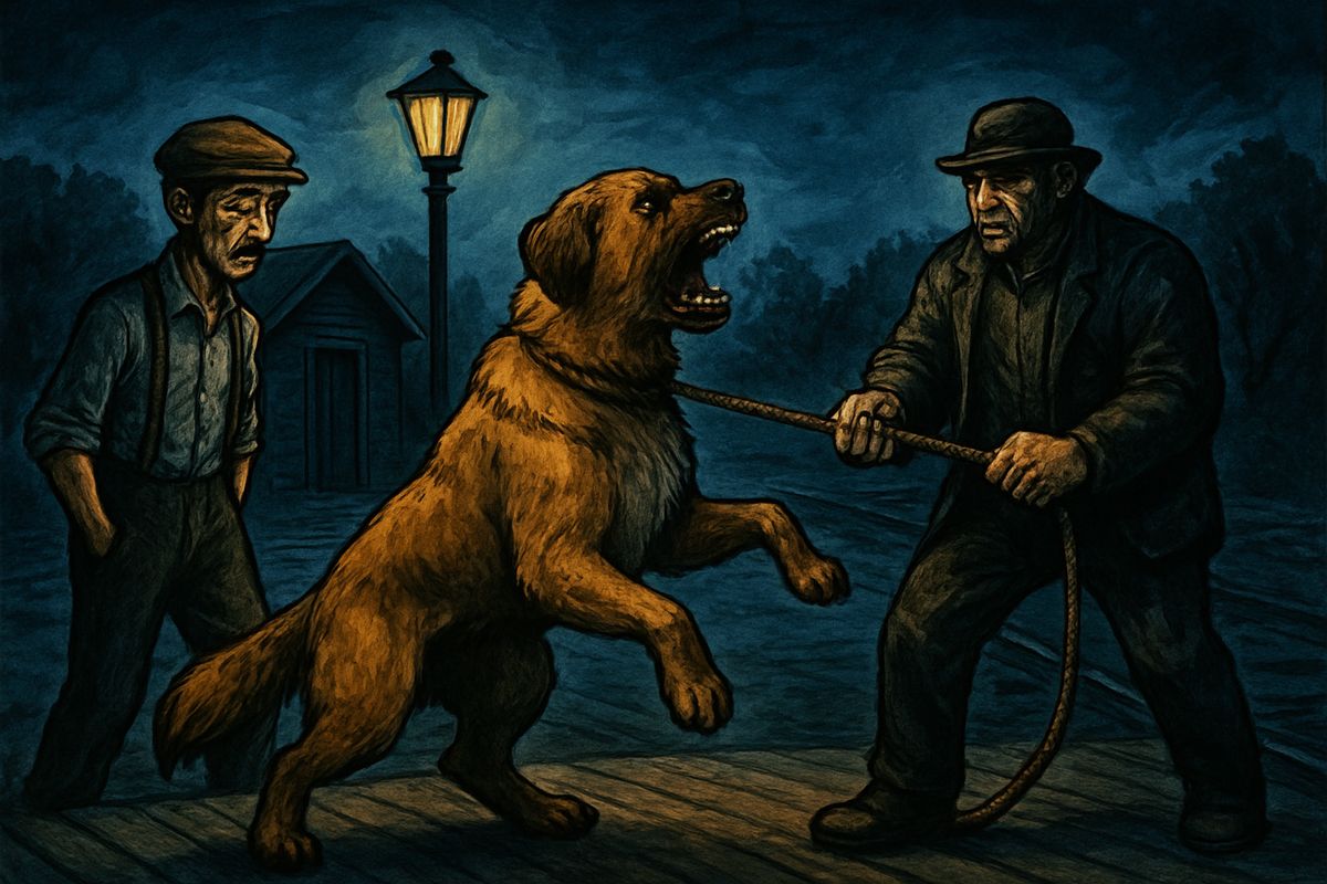 But Manuel, a gardener's helper, needed money for his gambling. One night he led Buck through the orchard to the flag station at College Park and sold him to a stranger. When Buck growled, the rope was twisted tight round his neck until he choked. "Twist it, an' you'll choke 'm plentee," Manuel had said.