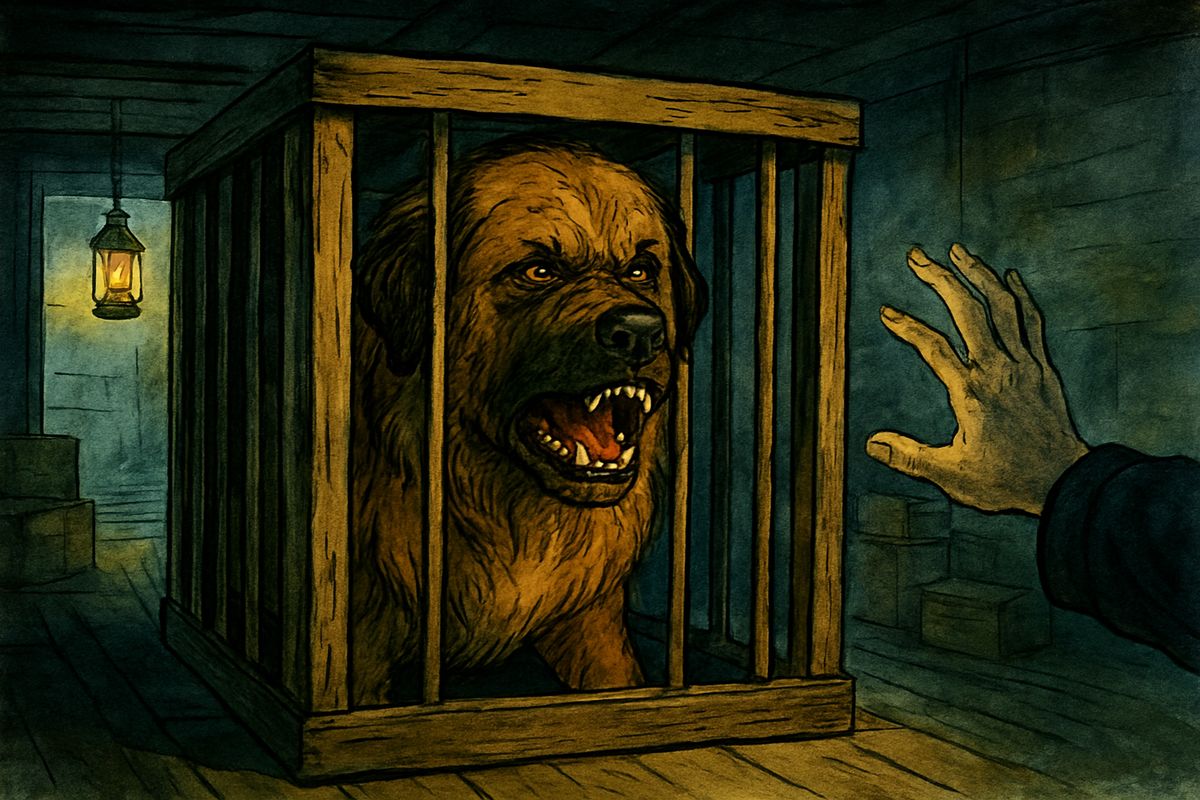 Buck woke on a train, bit his captor, and was choked again. In San Francisco they filed off his collar and shut him in a crate. For two days and nights he travelled north in an express car with no food or water, mad with thirst and rage, while the messengers laughed, barked and crowed at him through the bars.
