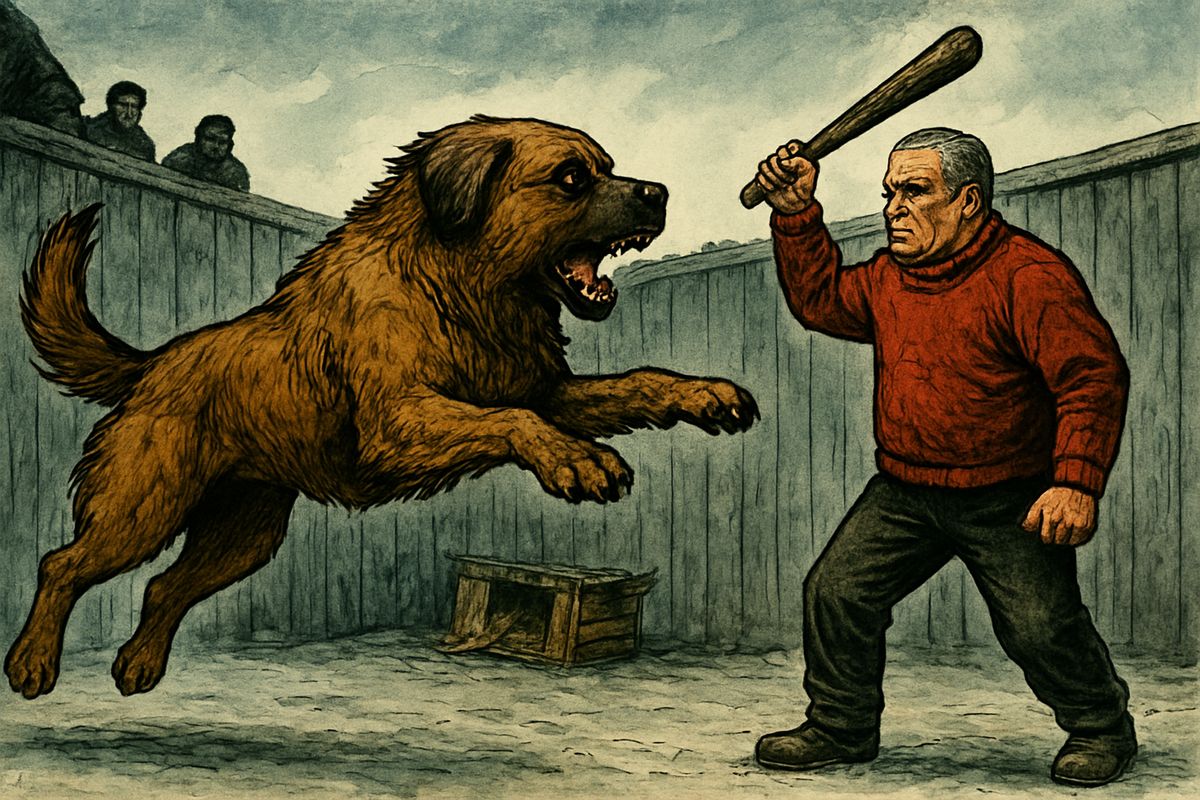 In a high-walled yard in Seattle, the man in the red sweater pried open Buck's crate. Wild after two days without food or water, Buck hurled himself at the man a dozen times, and every time the club smashed him down. He lay dazed at last, beaten but not broken. He had learned the law: a man with a club must be obeyed.