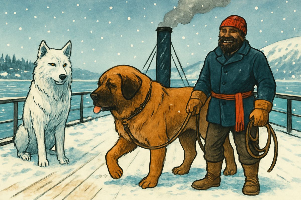 Below decks the huge driver François handed out fair justice: his whip caught the sly white Spitz stealing Buck's food, while gloomy Dave only wanted to be left alone. Day by day it grew colder. Then one morning François led the dogs on deck, and Buck's feet sank into something white and cold. He licked it, and it bit like fire. It was his first snow.