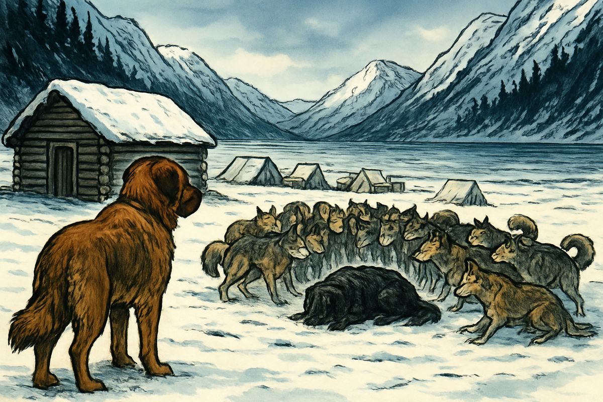 Buck's first day on the Dyea beach was a nightmare, for these dogs knew no law but club and fang. By the log store, friendly Curly went up to a husky half her size. He struck like a flash and leaped away, then tumbled her off her feet, and the silent, waiting pack closed in.