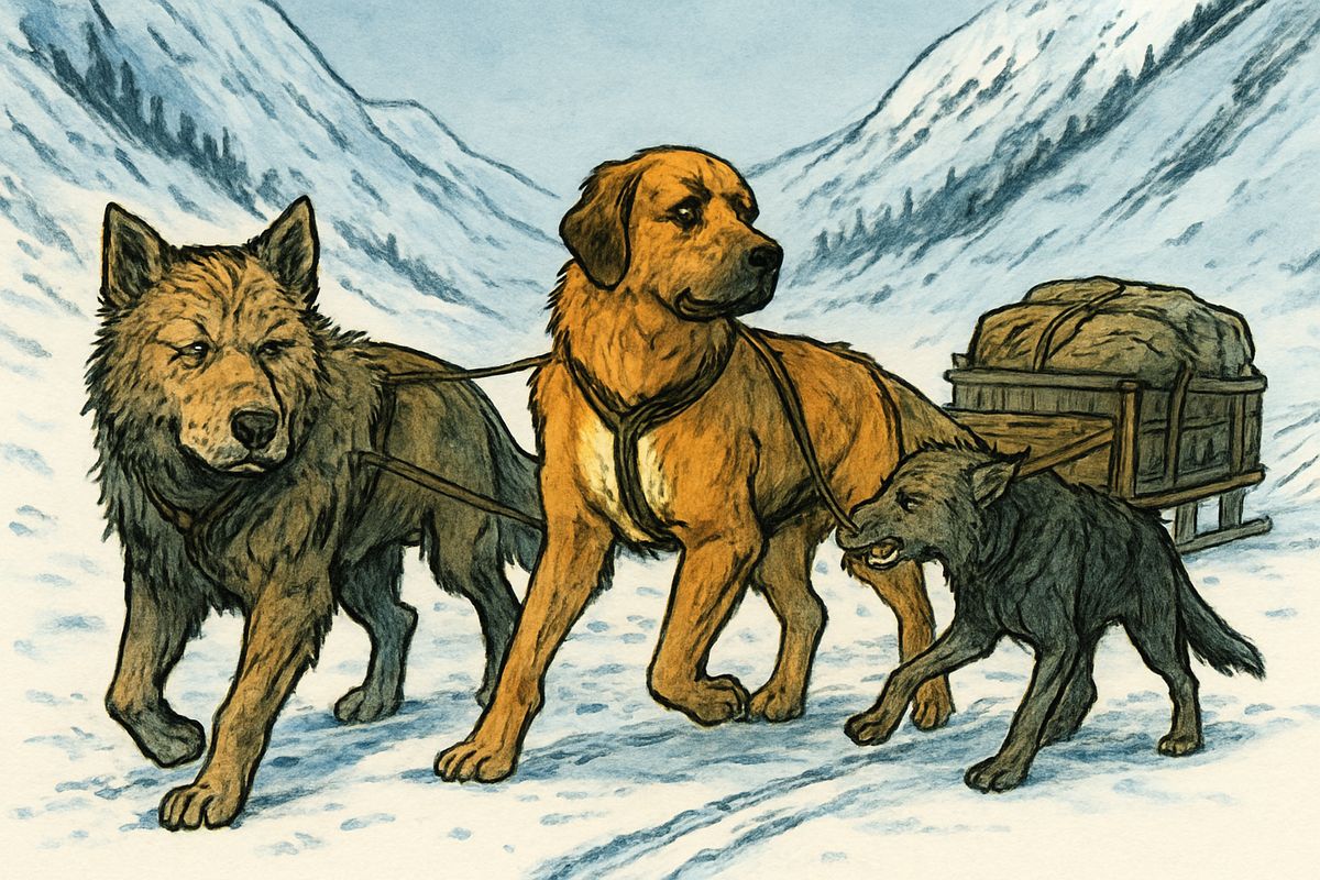 Within a day Buck was in harness, set between Dave and Sol-leks so the old dogs could teach him. Whenever he tangled the traces or slowed the start, sharp teeth nipped him back into line. Soon came Billee, his snarling brother Joe and more huskies, nine dogs in all, and François cracked his whip: "Mush!"