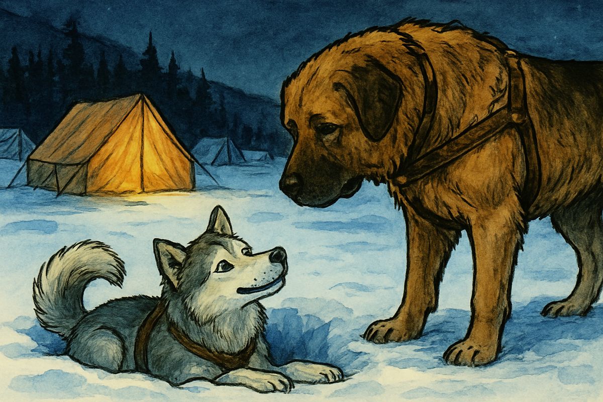 That first night the men drove Buck out of their warm tent with curses and flying pans. He went shivering round the camp until the snow gave way under his paws, and there lay Billee, curled snug in a hole. Another lesson. Buck dug his own burrow, and in a trice he was warm and asleep.