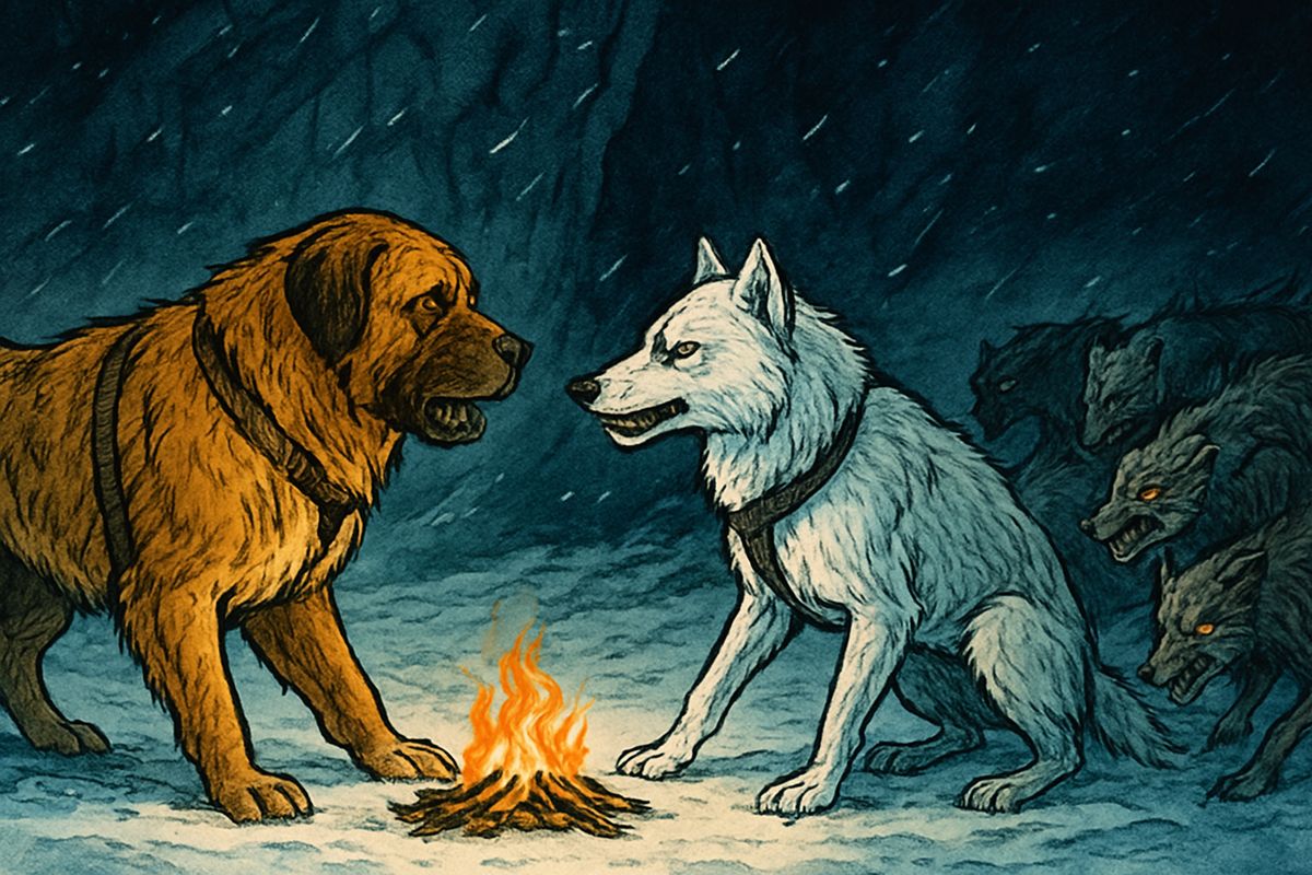 At Lake Le Barge, Spitz stole Buck's warm nest under the rock wall, and for the first time Buck sprang at him in fury. As the two circled, a horde of starving wild huskies crept out of the storm, raided the grub and mauled the team until the battered dogs fled into the forest.