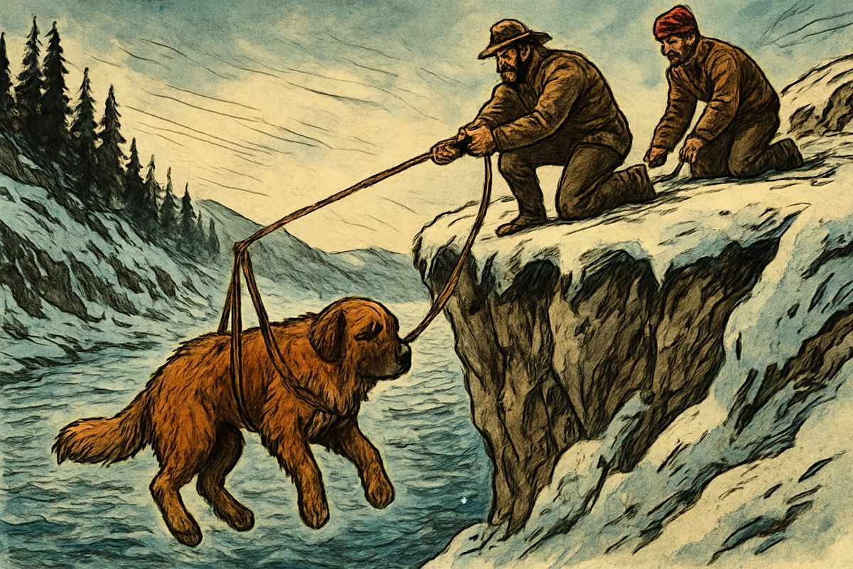 The wound-stiffened team spent six terrible days on the open Thirty Mile River, breaking through the ice again and again; once, trapped by crumbling rim ice, they were hoisted one by one up a cliff on a rope of harness. Buck's soft feet bled on the trail, so François gave up his own moccasin tops to make Buck four little moccasins.