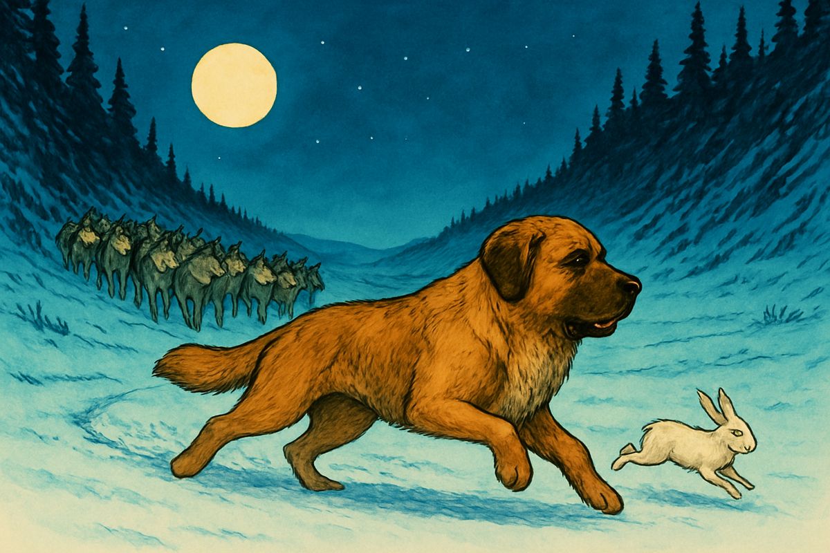 On the run back from Dawson, Buck's quiet rebellion had broken the team's discipline. One night at the mouth of the Tahkeena, Dub started a snowshoe rabbit, and Buck led sixty howling dogs after it up a frozen creek, flying through the moonlight in the pure wild joy of the hunt.