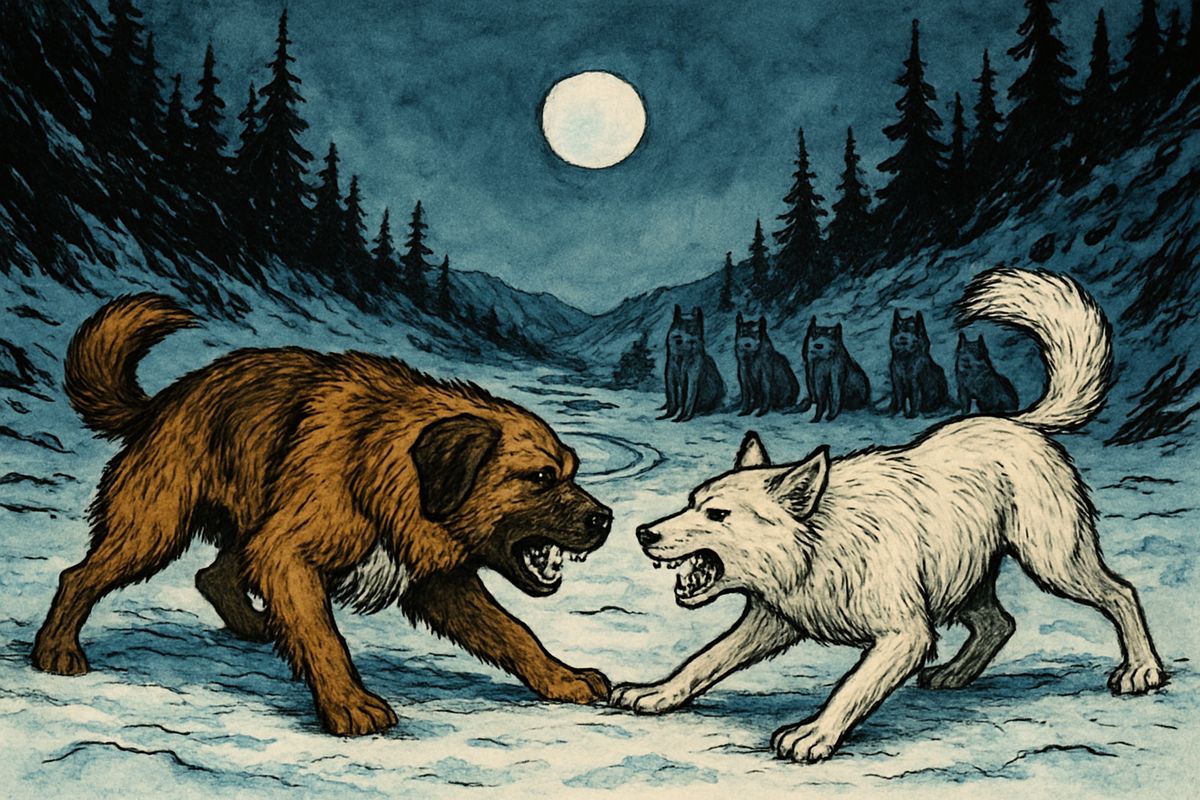 But cold, cunning Spitz cut across a bend and sprang from the bank onto the rabbit first. Buck drove into him without a sound, and they rolled over in the snow. In a flash Buck knew the time had come, and that it was to the death. The pack drew up in a silent ring, eyes gleaming.