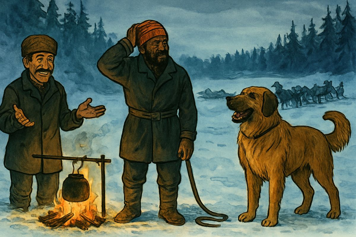Next morning Buck drove Sol-leks out of the lead and took his place. François came at him with a club, then Perrault joined in, and for nearly an hour they chased him round the camp while he dodged just out of reach. At last Perrault gave in: "T'row down de club." Buck trotted in, laughing as dogs laugh, and took the head of the team.