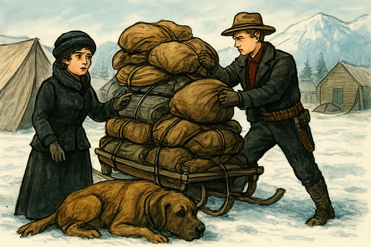 Worn out after twenty-five hundred miles, Buck's team was sold for a song in Skaguay to two men from the States, young Hal and weak-eyed Charles, and Charles's wife Mercedes. Their camp was a mess, and they heaped the sled mountain-high while Mercedes fussed over every bag. "I wouldn't tote that tent along if I was you," a neighbour warned.
