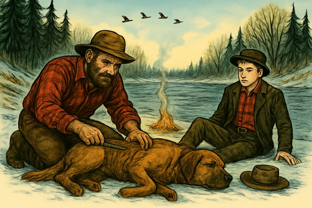 Hal whipped the dogs to their feet, but Buck would not rise. He felt danger waiting out on the ice, and lay still while the club fell, until the pain seemed far away. With an animal cry, Thornton sprang and hurled Hal backward. "If you strike that dog again, I'll kill you." He knocked Hal's knife away with the axe-handle and cut Buck's traces.