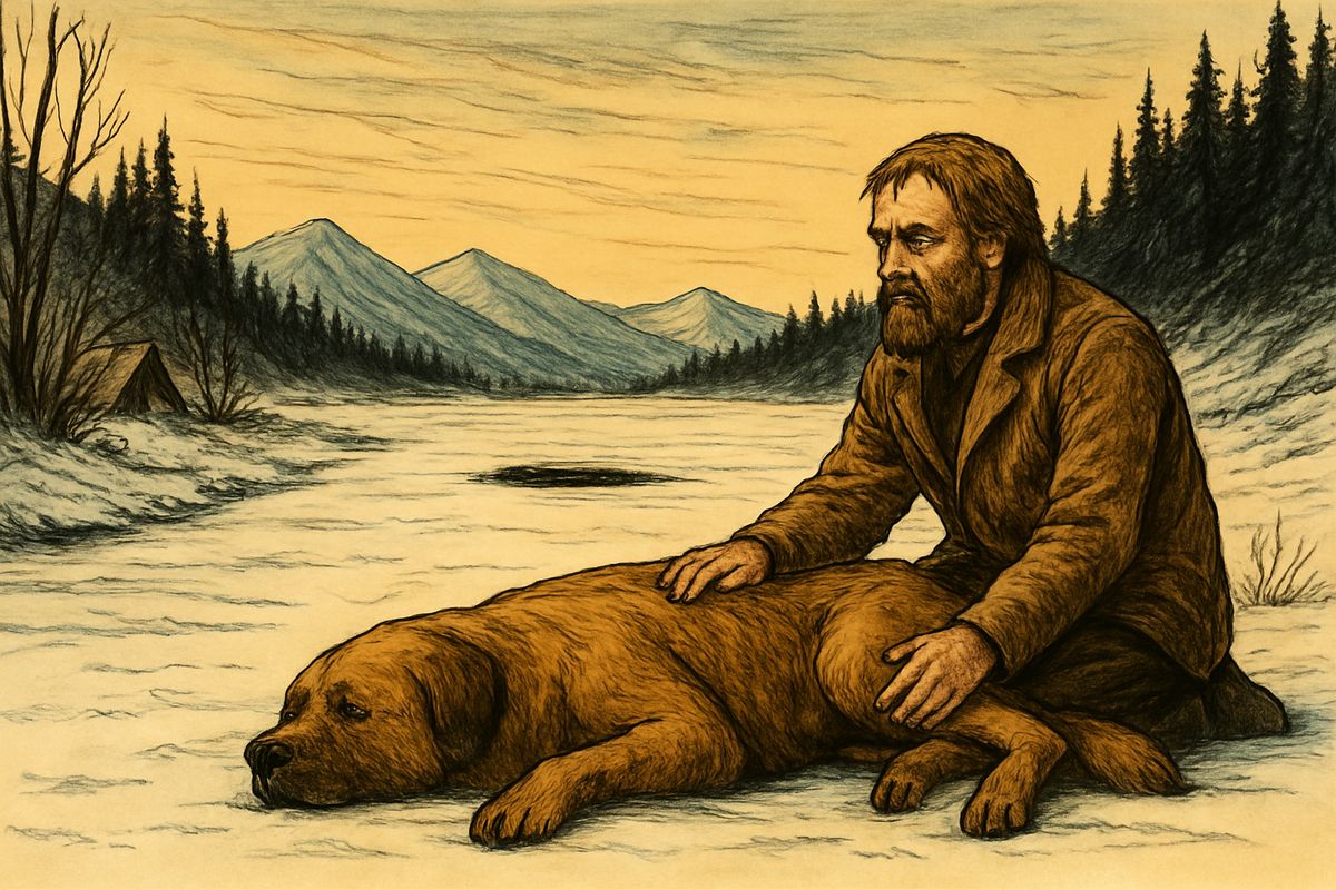 The others pulled out onto the river without Buck. While Thornton's rough, kind hands searched him for broken bones, the sled crawled a quarter of a mile out. Then the ice gave way, Mercedes screamed, and dogs and people were gone. Only a dark hole was left. Thornton and Buck looked at each other. "You poor devil," said Thornton, and Buck licked his hand.