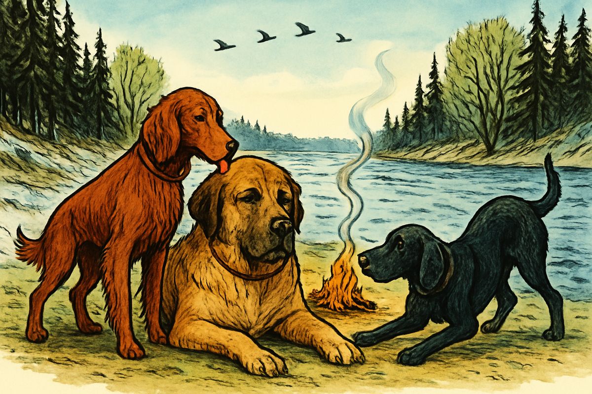 Through the long spring days Buck lay by the river at Thornton's camp and slowly won back his strength. Skeet, a little Irish setter, washed his wounds each morning as a mother cat washes her kittens, and Nig, a huge black dog with laughing eyes, coaxed him into silly games. Neither dog showed any jealousy.