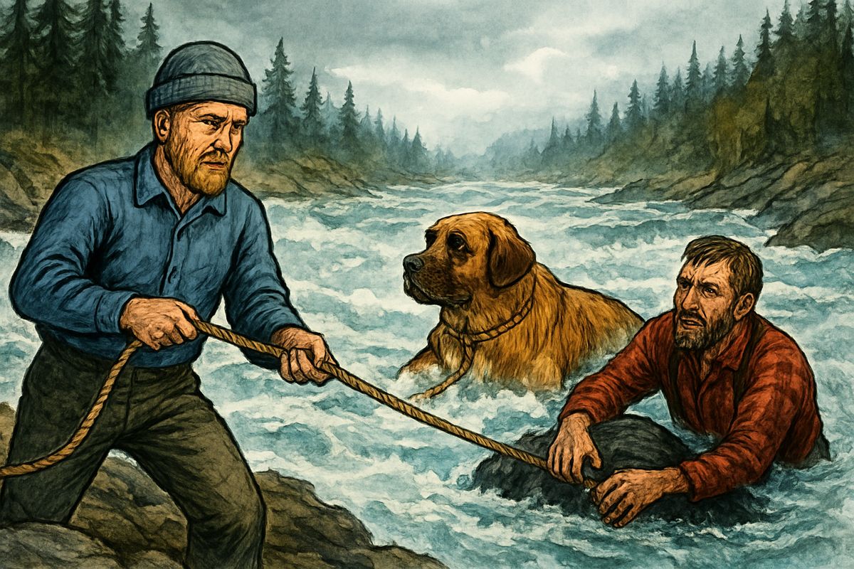 That fall on Forty-Mile Creek, Thornton was flung from the boat into deadly rapids and clung to a rock. Hans and Pete tied a rope to Buck; he missed once, then swam straight down onto his master, and both were hauled ashore half drowned. Buck had three broken ribs. "That settles it," said Thornton. "We camp right here."