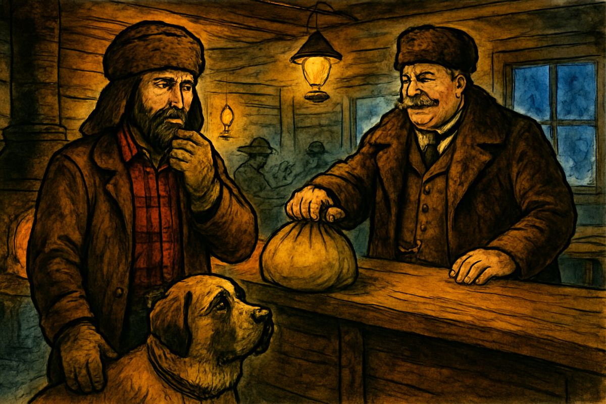That winter in Dawson's Eldorado Saloon, rich miners boasted their dogs could start sleds of five, six, even seven hundred pounds. "Buck can start a thousand," Thornton said, and walk off with it a hundred yards. Matthewson slammed down a thousand dollars in gold dust. Thornton had no such money, but his old comrade Jim O'Brien lent it, and the bet was on.