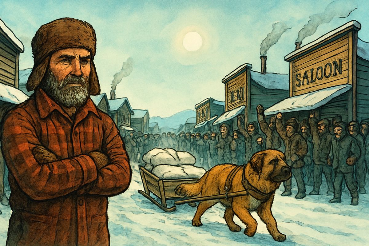Outside, at sixty below, the sled's runners had frozen fast, and the crowd gave three to one against Buck. Thornton whispered, "As you love me, Buck." At his shouts of "Gee!" and "Haw!" Buck swung right and left, cracking the runners free; then, at "Mush!", he threw his whole weight forward, and the half-ton load crept, lurched, and rolled down the street.