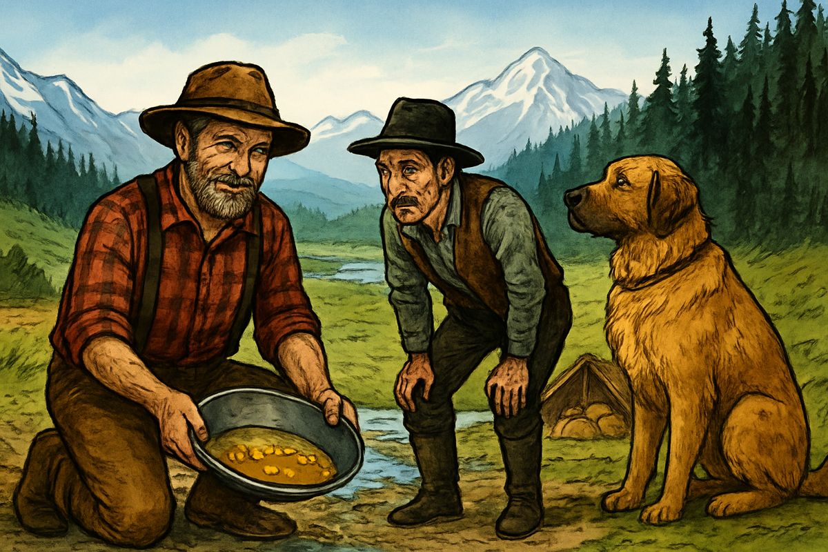 Buck's winnings paid Thornton's debts, and he, Pete and Hans set off east with the dogs to find the fabled Lost Cabin. For more than a year they wandered through unmapped country, rafted blue mountain lakes and found an old flintlock in a ruined lodge. Then, in a broad valley, they found gold that showed like yellow butter in the pan.