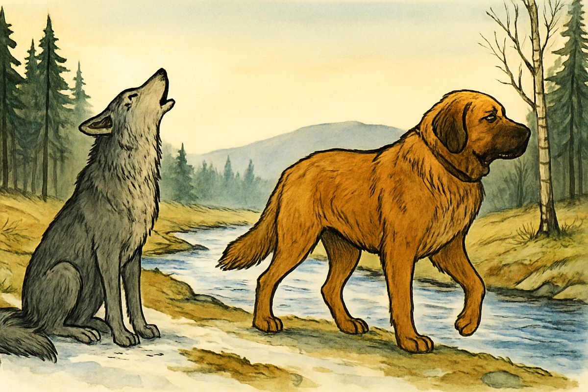 One night a long howl called Buck into the forest, where he found a lean timber wolf. He chased it and won its trust, and they ran side by side across the divide into a wide green land. But when they stopped to drink, Buck remembered John Thornton. He turned back, and his wild brother sat down and howled after him.