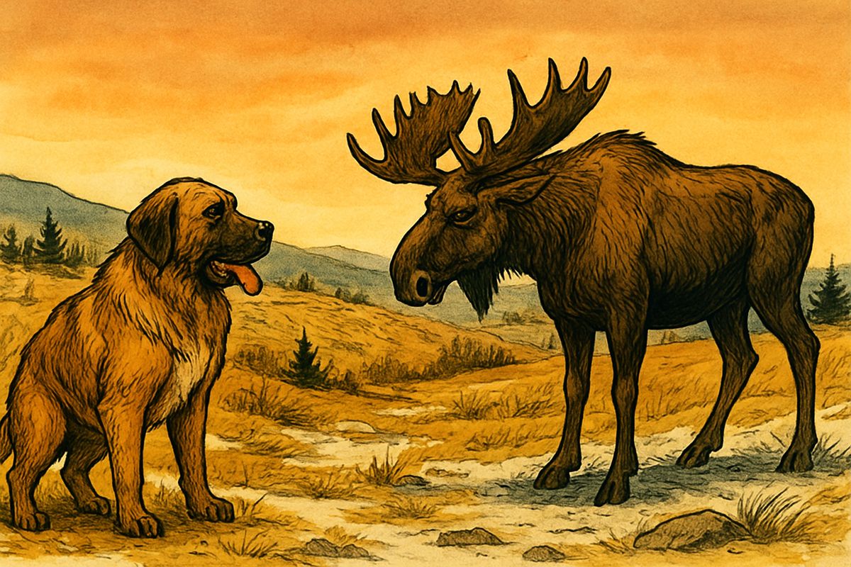 In the autumn Buck met a herd of moose on the divide. Its leader was a giant bull, maddened by an arrow in his side. Buck cut him off from the herd until the others left him behind. For four days and nights Buck never let him eat, drink or rest, and at last the great moose went down.