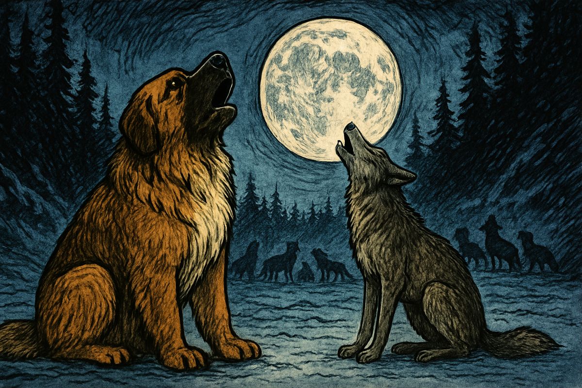 Under the full moon the wolf pack poured into the clearing, and Buck held them off from an angle of the gravel bank until they drew back. Then a lean grey wolf came forward whining, and Buck knew his wild brother. When the old wolf howled at the moon, Buck sat and howled with them, and ran into the forest at his brother's side.