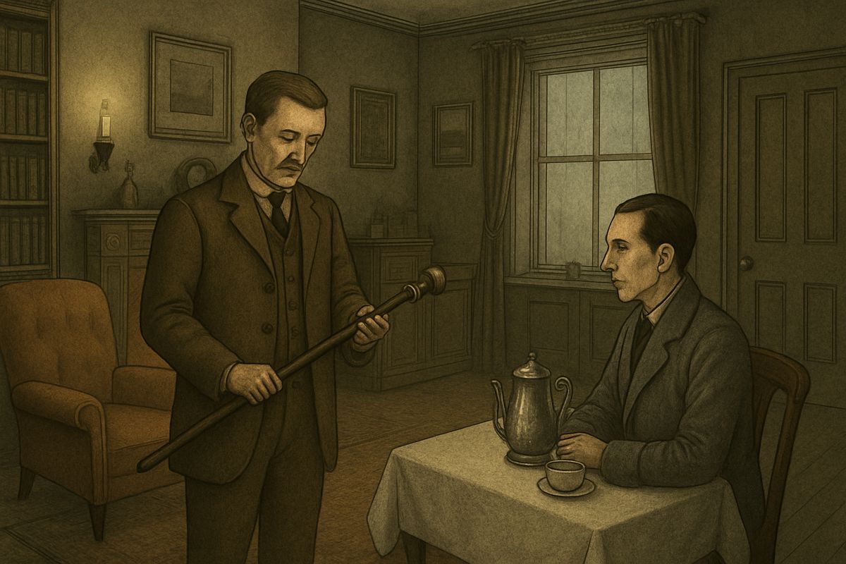 One morning at Baker Street, Watson picked up the walking-stick that a visitor had left behind the night before. A silver band under its head read 'To James Mortimer, M.R.C.S., from his friends of the C.C.H., 1884.' Holmes, sitting with his back turned, asked what Watson made of it. He could see him perfectly well in the shiny coffee-pot.