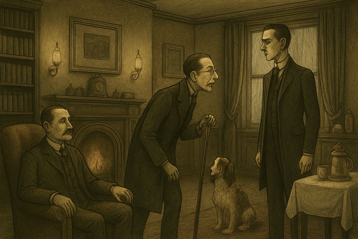 Just then a curly-haired spaniel trotted in, followed by its owner, Dr. James Mortimer. He was tall, thin and beak-nosed, and he grabbed his precious stick with joy. He admired Holmes's skull so much that he said he wanted it, and he called Holmes the second-best expert in Europe. Then he explained why he had come: "I am suddenly confronted with a most serious and extraordinary problem."
