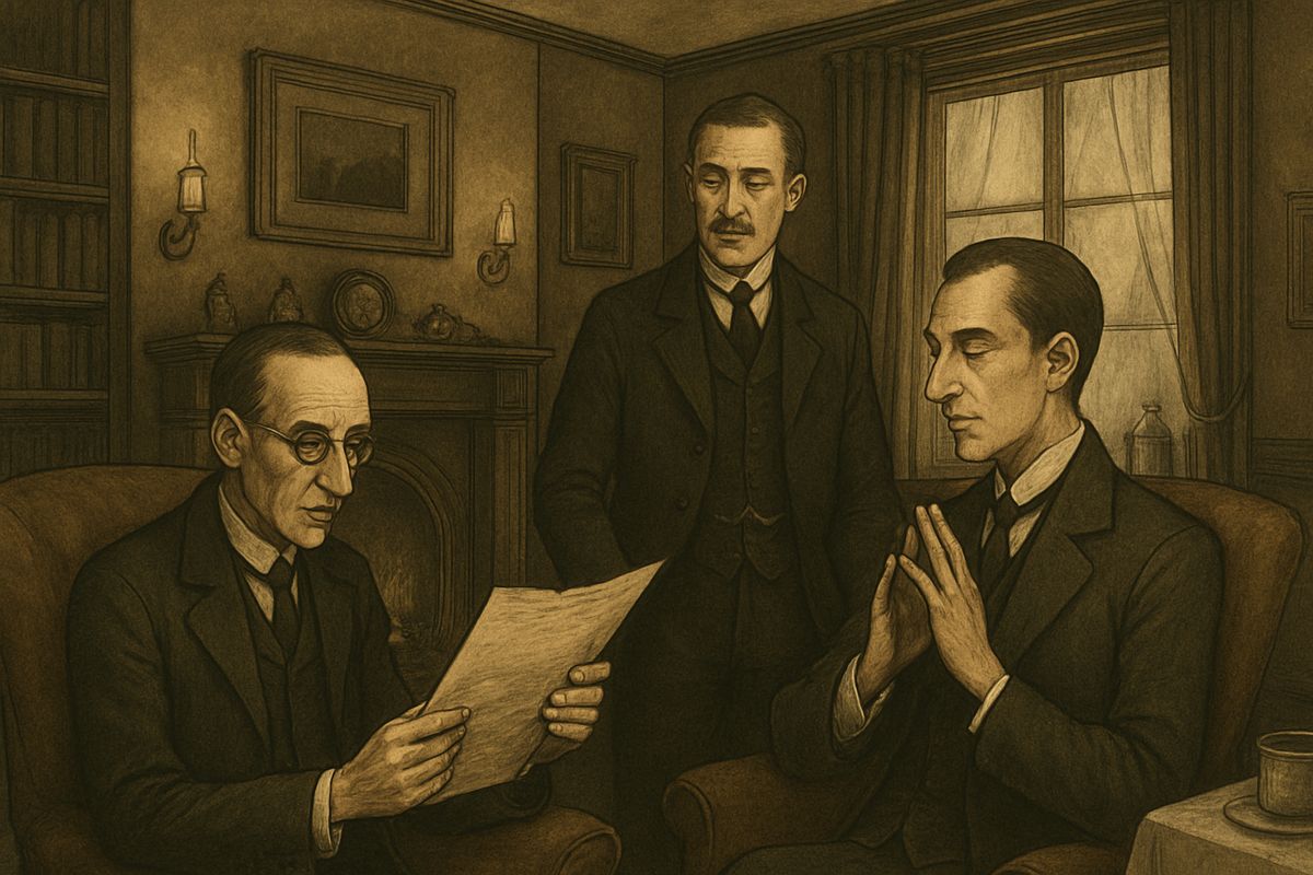 Dr. Mortimer drew an old yellow paper from his breast-pocket. Sir Charles Baskerville, who had died suddenly three months before, had trusted it to him. Holmes dated it at a glance, then leaned back and closed his eyes while Mortimer read out the 1742 family legend. "Baskerville Hall," the heading said.