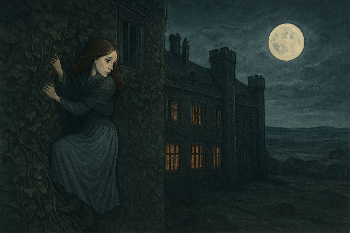 The manuscript told of wicked Hugo Baskerville, who carried off a yeoman's daughter and locked her in an upper room while he and his friends drank below. Terrified by their shouting and oaths, the girl climbed down the ivy on the south wall and fled for home across the moor.