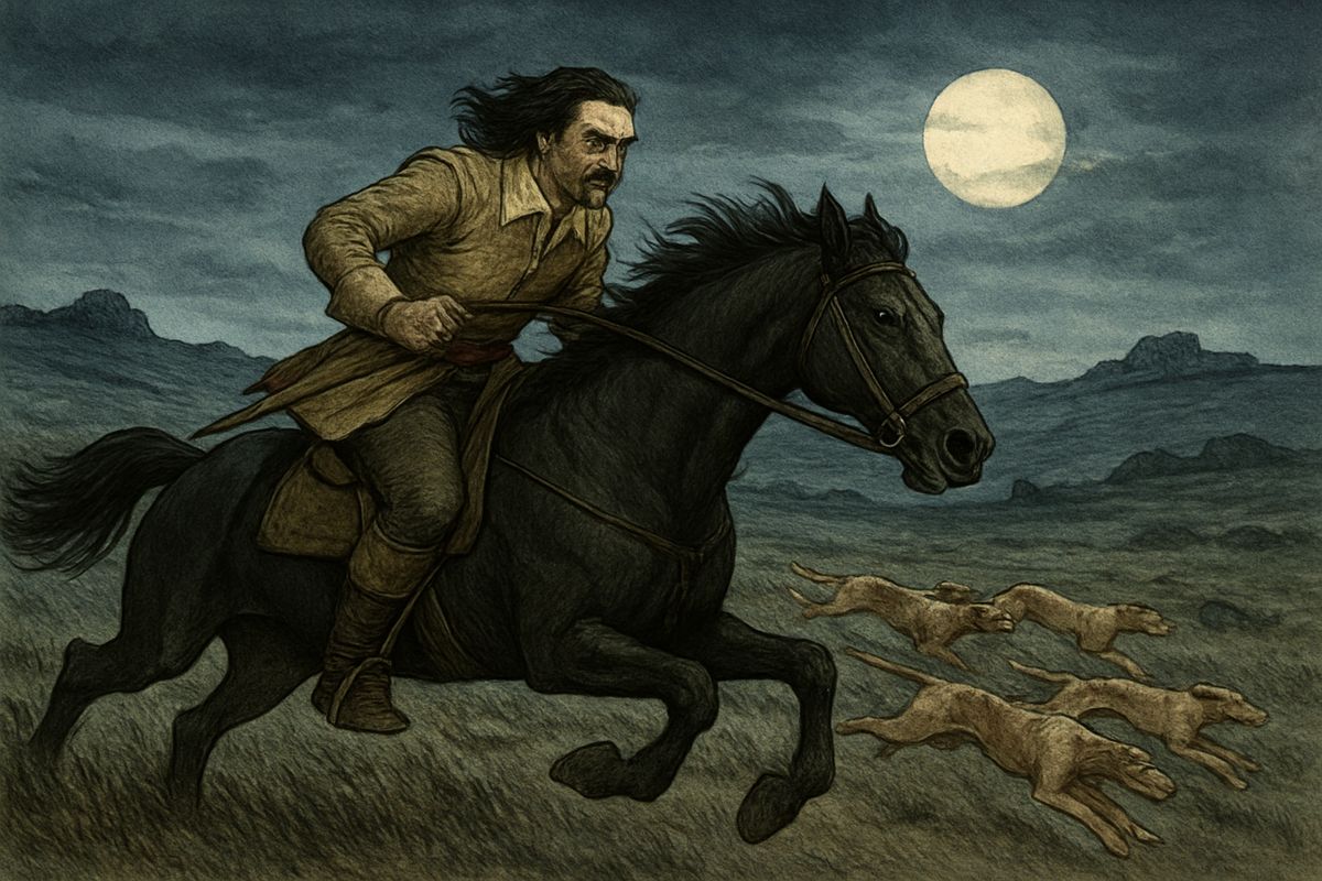 When Hugo found the room empty, he leapt onto the table and swore that he would give his body and soul to the Powers of Evil if he could only catch her. Then he called for his black mare, let loose the hounds, and rode after her across the moonlit moor.