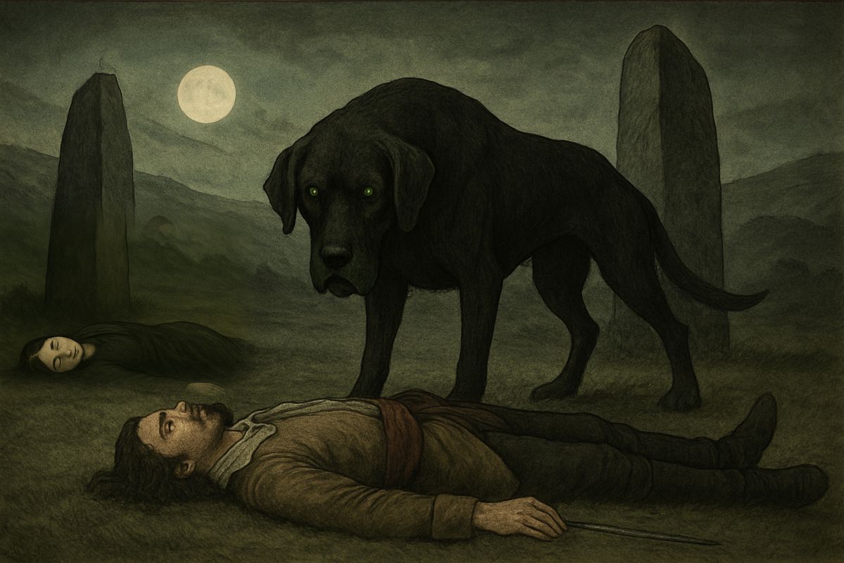 Thirteen revellers rode after him. Only three dared go down into a deep goyal, where two great stones stood. There lay the maid, dead of fear, and Hugo beside her. Over him stood a huge black beast shaped like a hound, which tore out his throat. The three fled screaming across the moor.