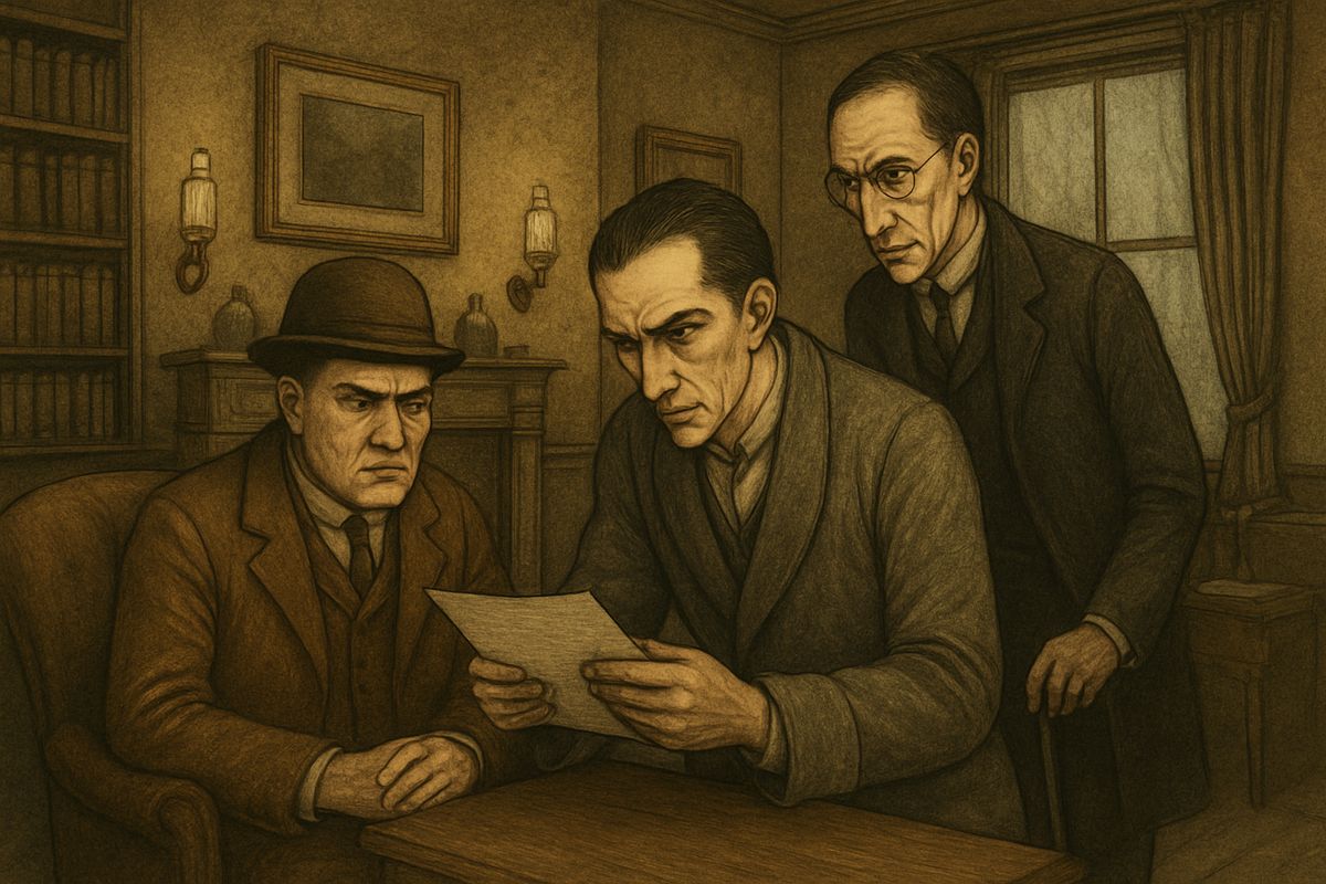 At ten o'clock Dr. Mortimer brought the young baronet, Sir Henry Baskerville, to Baker Street. He laid down a strange letter, 'keep away from the moor', pasted together from printed words. Holmes traced them to yesterday's Times leading article, cut out with nail-scissors, and said the rough address had been written with a spluttering hotel pen.