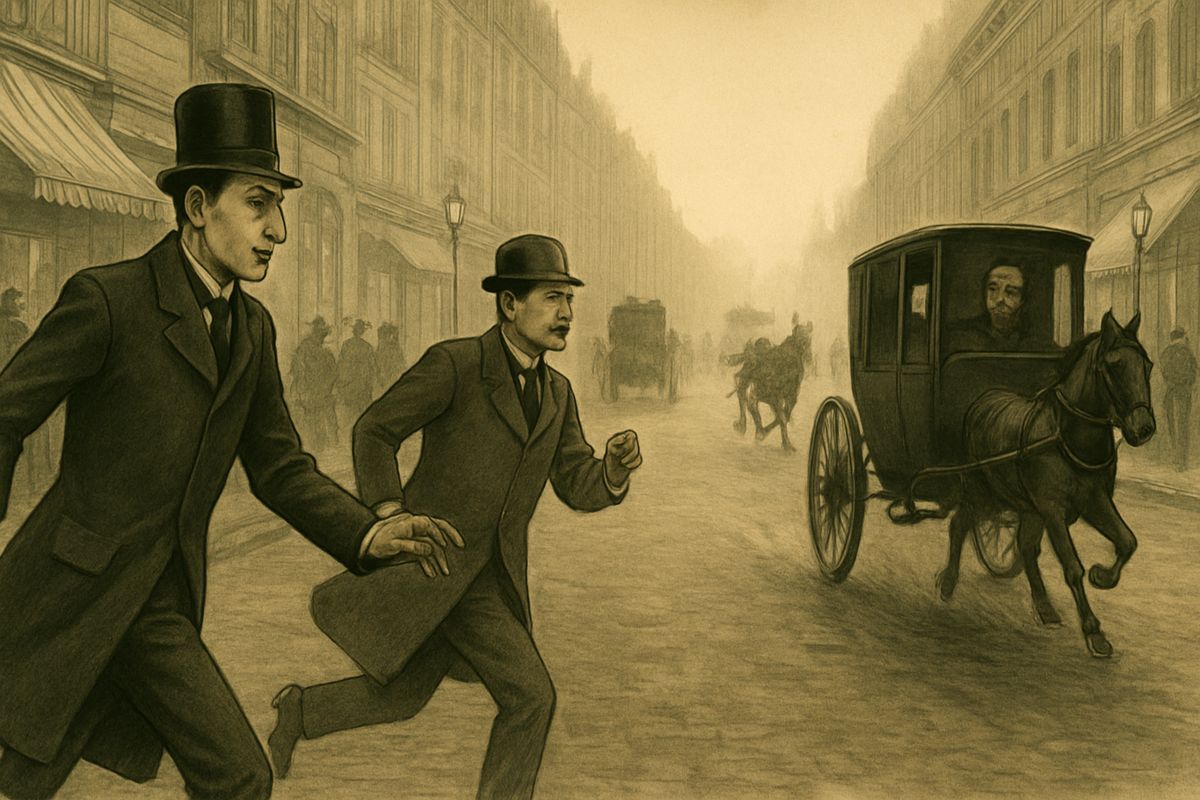 Holmes and Watson secretly followed the pair down Regent Street. A hansom crept behind them, and through its window glared a bushy black beard. The cab dashed away, but Holmes had its number, 2704. He then sent Cartwright, a sharp messenger boy, to search twenty-three hotels for the cut-up Times.