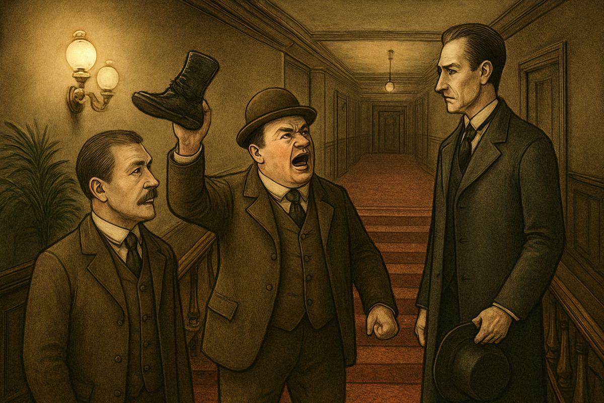At the Northumberland Hotel they met Sir Henry on the stairs, red with fury and waving an old, dusty boot. 'Last night they took one of my brown ones, and today they have sneaked one of the black!' While the others called it a silly joke, Holmes took the trifle very seriously.