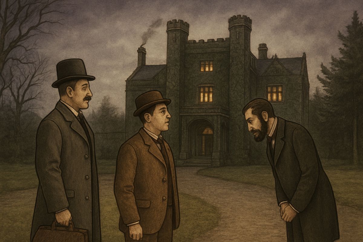 At dusk they reached Baskerville Hall, its ivy-draped front and twin towers gloomy in the fading light, and Dr. Mortimer drove home to his wife. Barrymore stepped from the porch with a welcome, yet over the evening he quietly asked to leave: since Sir Charles's death, he and his wife could never again be easy in their minds here.