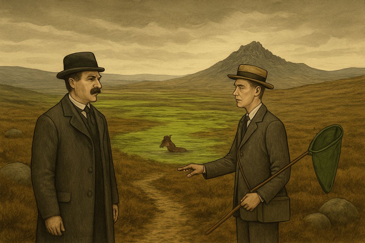 On the walk home Watson was overtaken by Stapleton, a naturalist from Merripit House, carrying a green butterfly-net. From a moor-path he pointed to the bright green patches below. "That is the great Grimpen Mire," he said. As they watched, a moor pony floundered there and was sucked down.