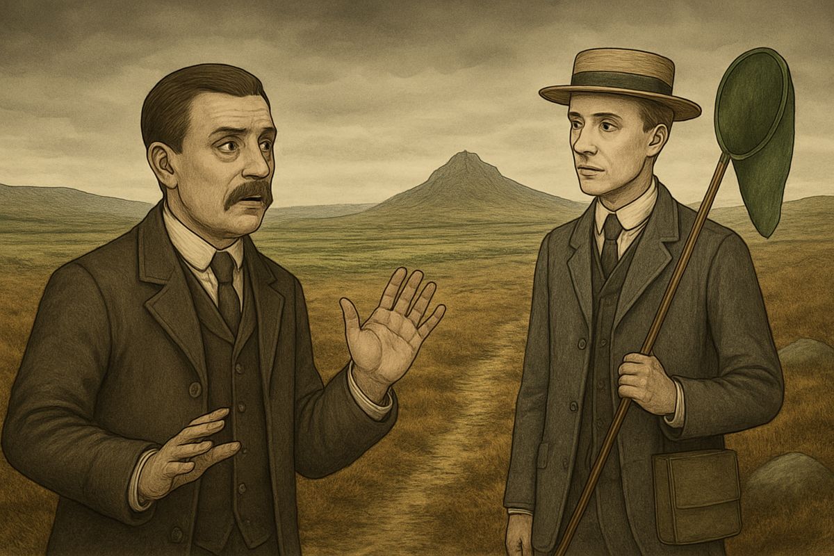 Then a long, low moan swept over the moor. It swelled into a deep roar and sank away again, and nobody could tell where it came from. Stapleton looked oddly at Watson. "The peasants say it is the Hound of the Baskervilles calling for its prey," he said, and then suggested it might just be a rare bird.