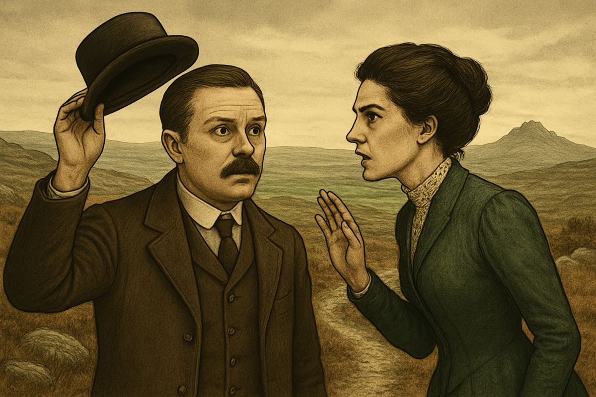 While Stapleton chased a moth across the mire, a tall dark woman hurried up to Watson. "Go back to London! Start tonight!" she whispered. She was Beryl, Stapleton's sister, and she thought Watson was Sir Henry. When her brother came back, she quickly took it all back and said she had only been talking about orchids.