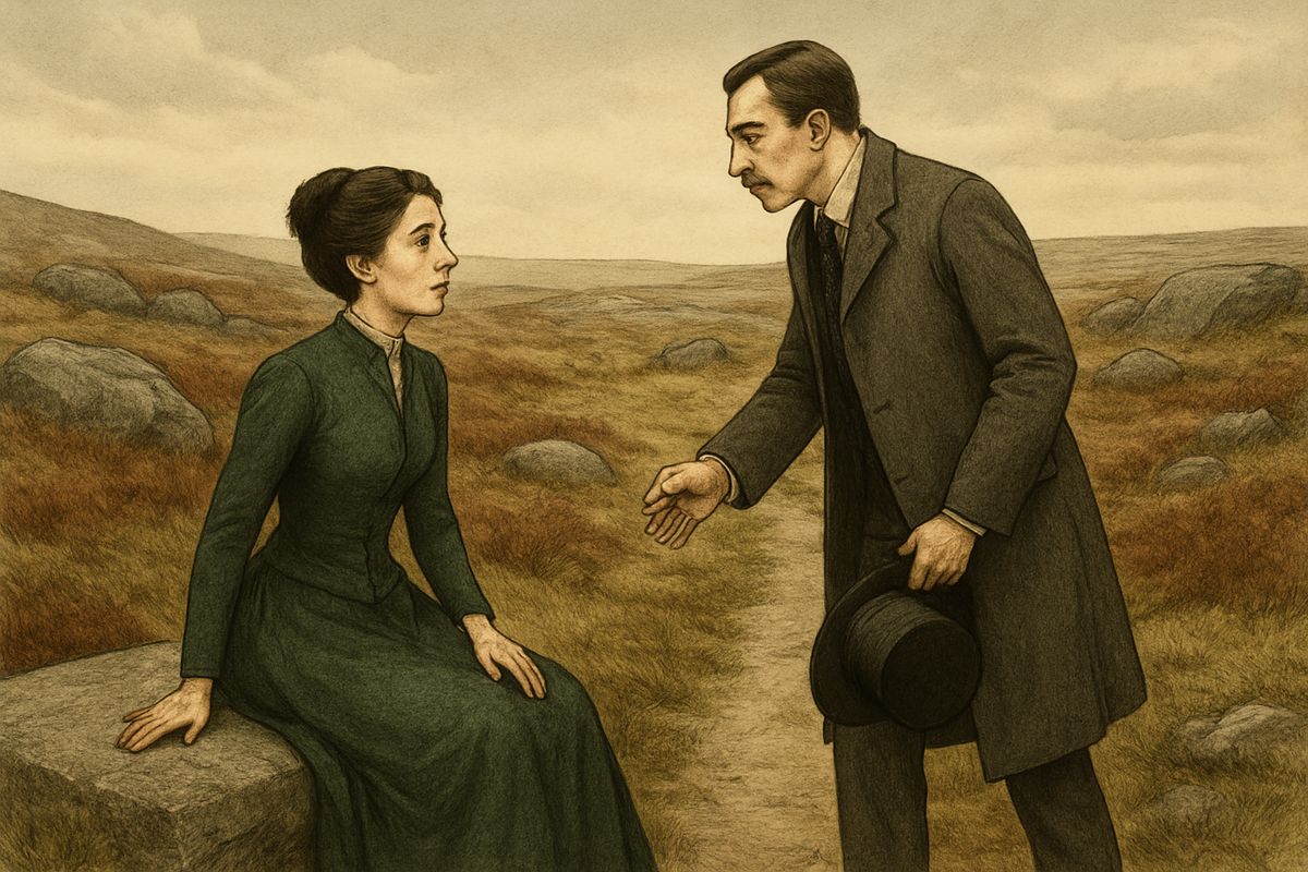 After a short visit to Merripit House, Watson set off back alone. But Beryl had run ahead by a short cut and was waiting by the path, out of breath. She begged him to forget her warning and not to tell her brother. "He would be very angry," she said, and then she slipped away among the boulders.