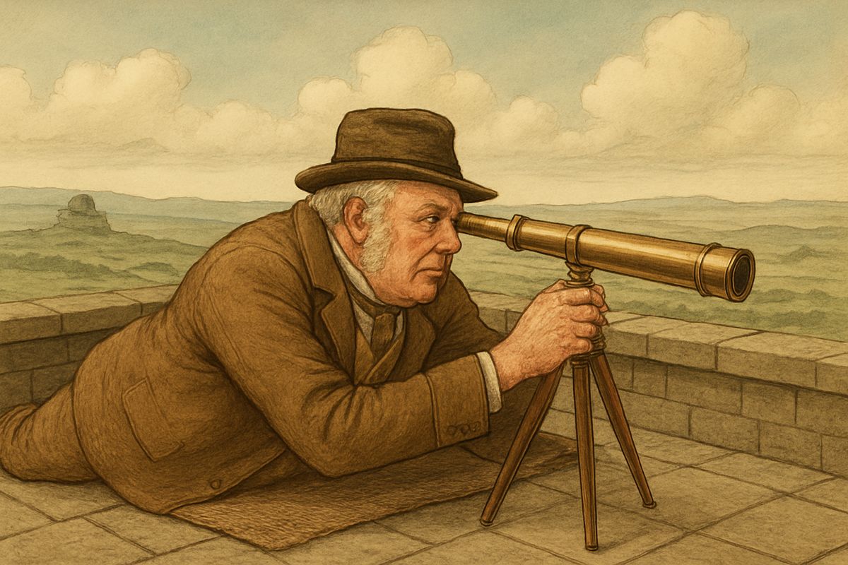 Watson also met Mr. Frankland of Lafter Hall, a red-faced, quarrelsome old gentleman. As an amateur astronomer he owned a fine telescope, and he lay on his roof all day, sweeping the moor in hope of spotting the escaped convict.
