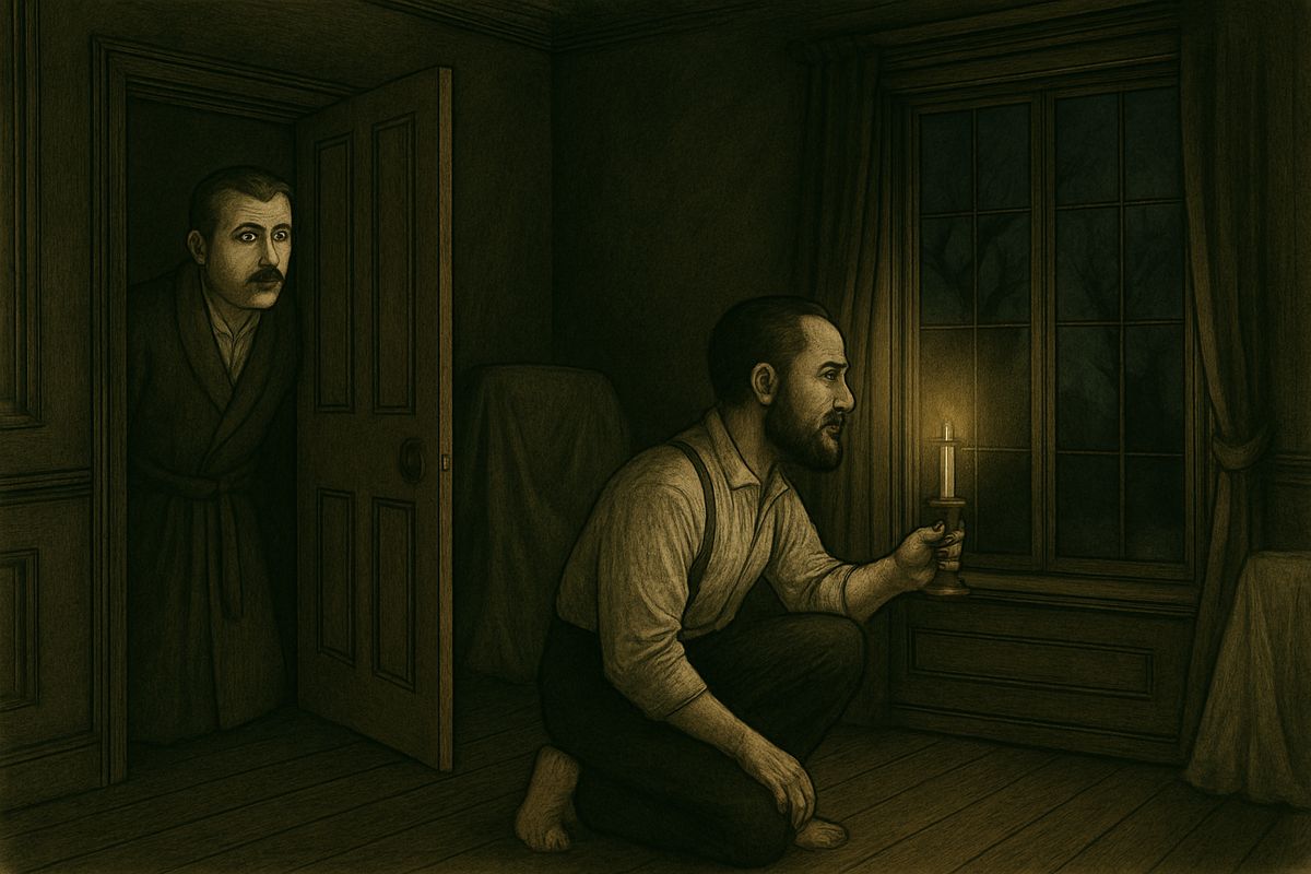 At two in the morning a stealthy step woke Watson. He followed Barrymore, barefoot with a candle, to an empty room in the far wing. Peeping round the door, he saw the butler crouch at the window and hold the light to the glass, staring out at the black moor. At last Barrymore groaned and blew it out.