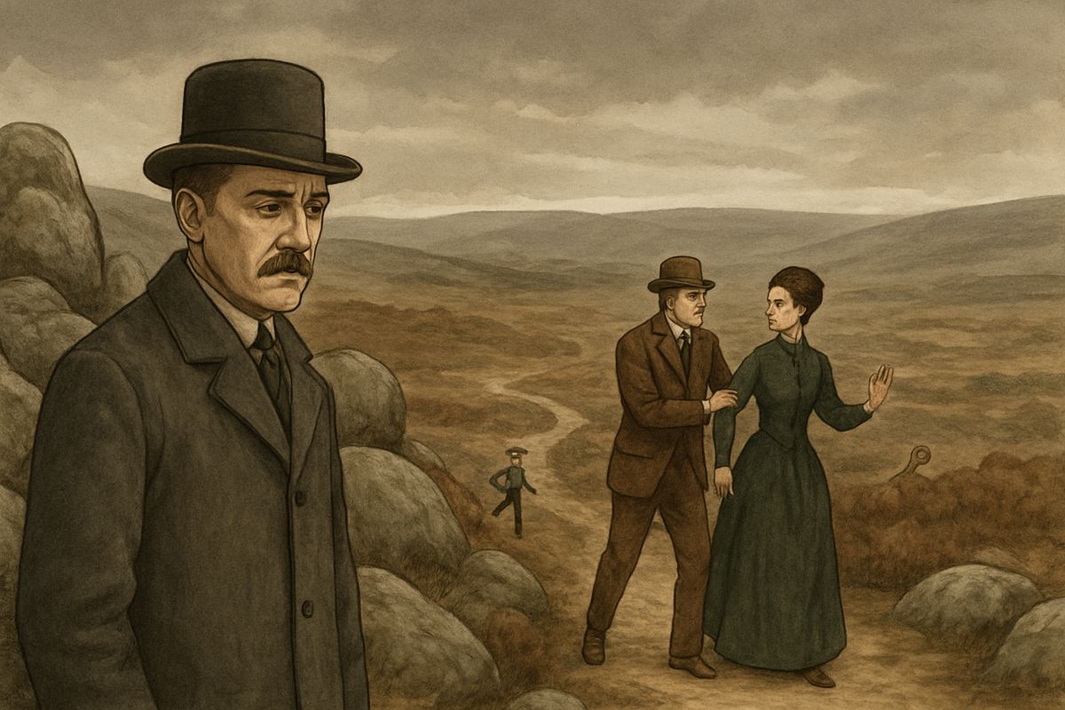 Next day Sir Henry slipped out alone, and Watson followed. From a hill he saw the baronet take Miss Stapleton into his arms, until Stapleton came running up, wild with rage, and led his sister away. That afternoon the naturalist apologised, and Sir Henry promised to let the matter rest for three months.